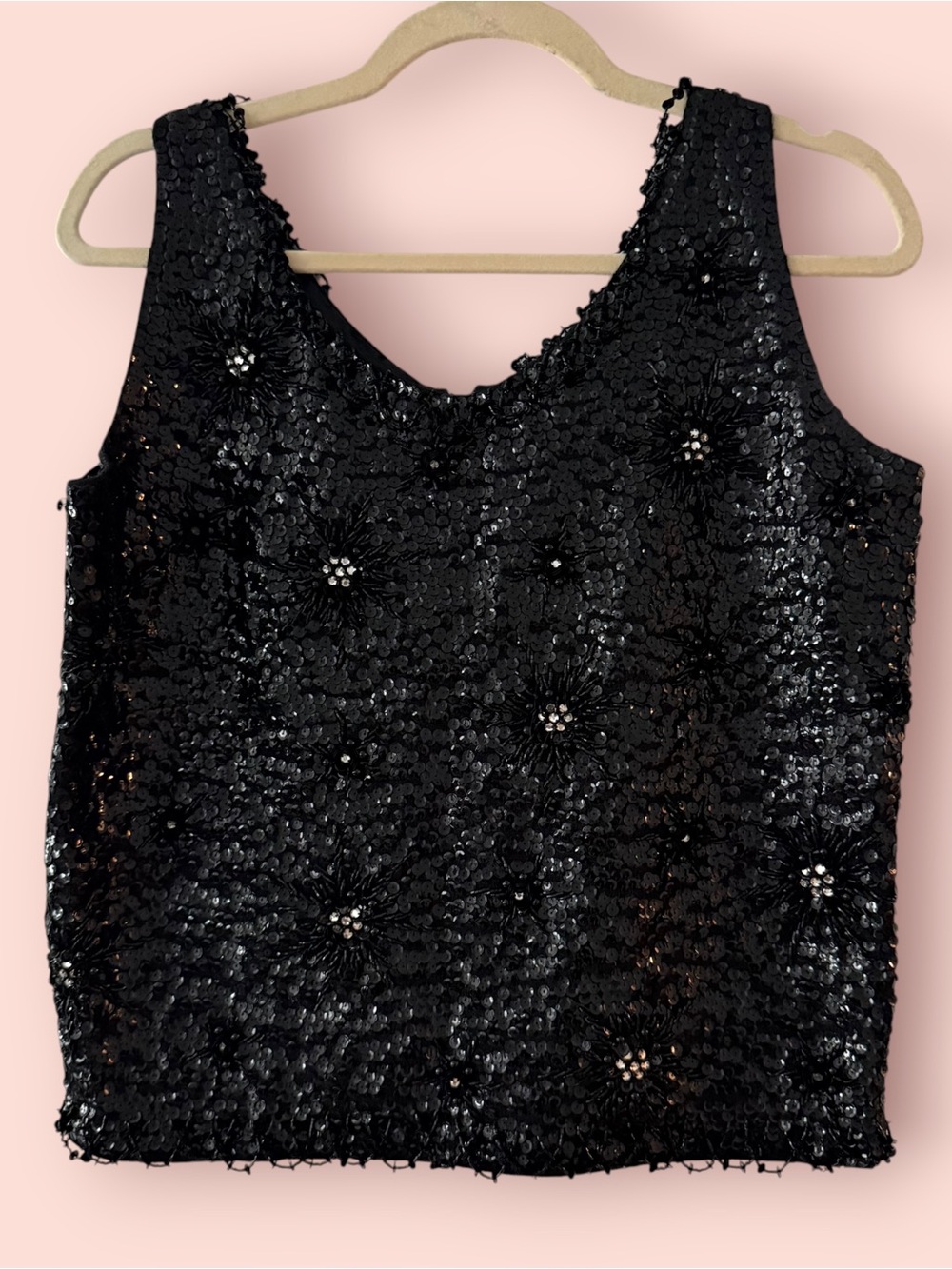 Vintage 80s Black Sequin Beaded Floral Wool Party Top